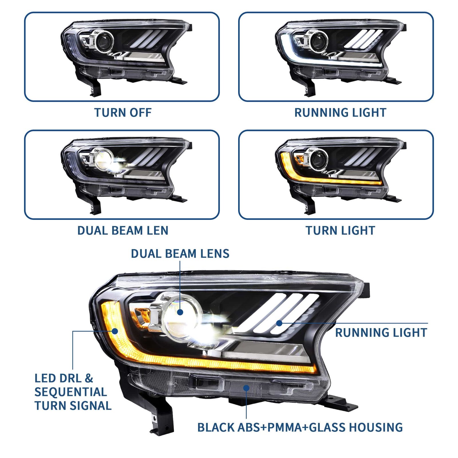 16-20 Ford Ranger PX2 PXS Headlights with Sequential Indicators - Image 2
